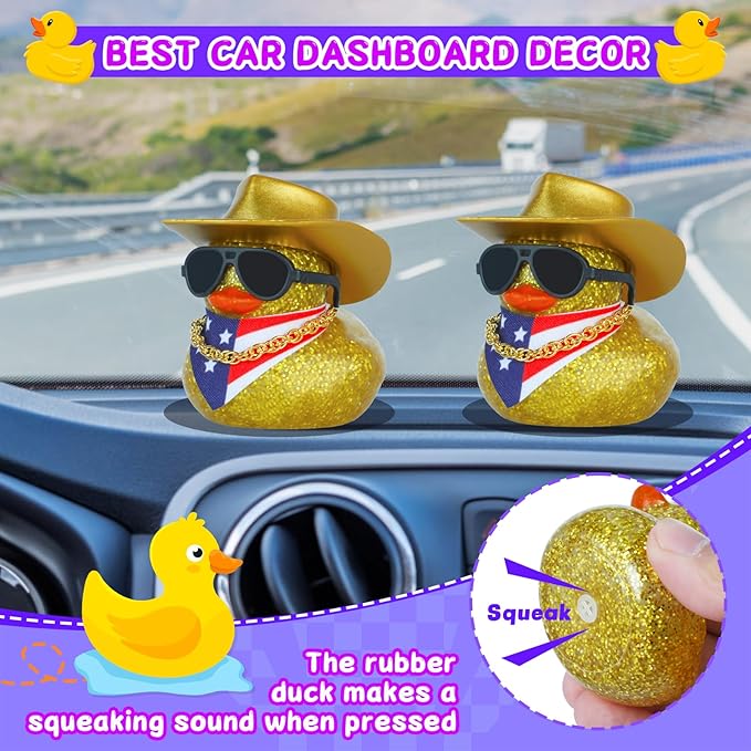 Cowboy Rubber Duck with Golden Hat, Sunglasses, Bandana & Necklace - Glitter Car Dashboard Decoration for Adults, Fun Stress Relief Gift with Adhesive Pads