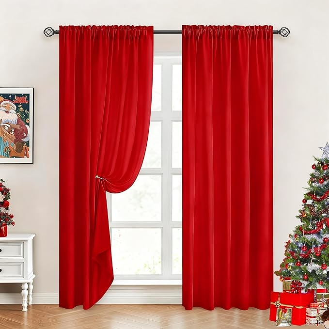 HOMEIDEAS Christmas Non-See-Through Red Privacy Sheer Curtains, 52 X 96 Inches Long 2 Panels Sheer Curtains Light Filtering Window Drapes for Bedroom Living Room