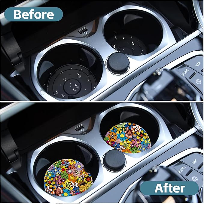 Bright Colorful Flowers Car Cup Holder Coaster, Car Coasters for Cup Holder, 2 Pack Vivid Spring Floral Anti-Slip Absorbent Ceramic Car Cup Coasters with Finger Notch Cork Base for Women Men 2.56"