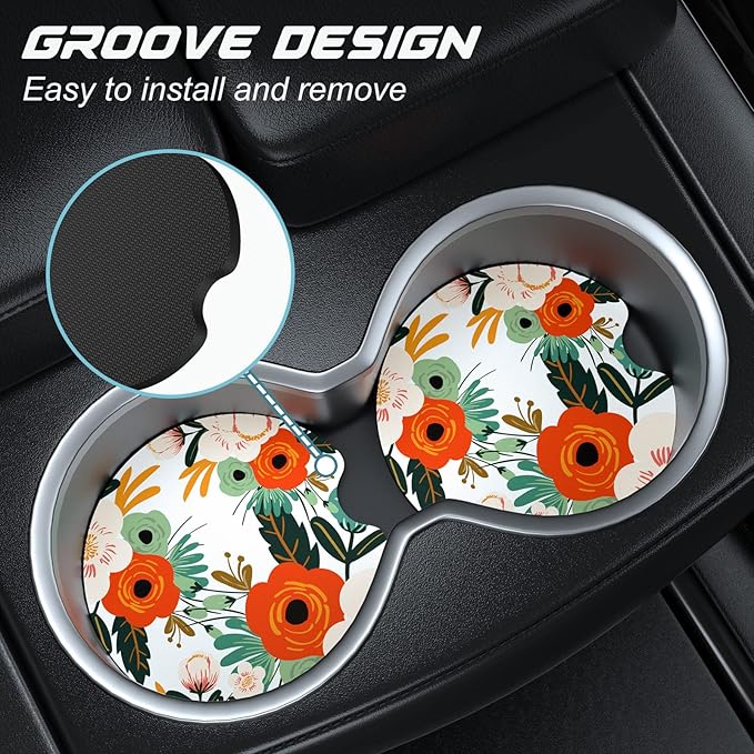 Car Cup Holder Coasters, 2 Pack Universal Auto Anti Slip Insert Coaster with A Finger Notch, Cute Car Assecories for Women Men, Cup Mat for Most Interior, White Flower