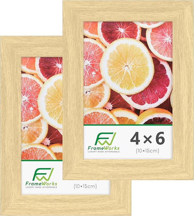 FrameWorks 2-Pack, 4x6 Picture Frame, Natural Oak ??Classic Wooden Photo Frame with Tempered Glass, Modern Matte Finish for Prints, Posters, Certificates & Wall Decor ??Gallery-Ready