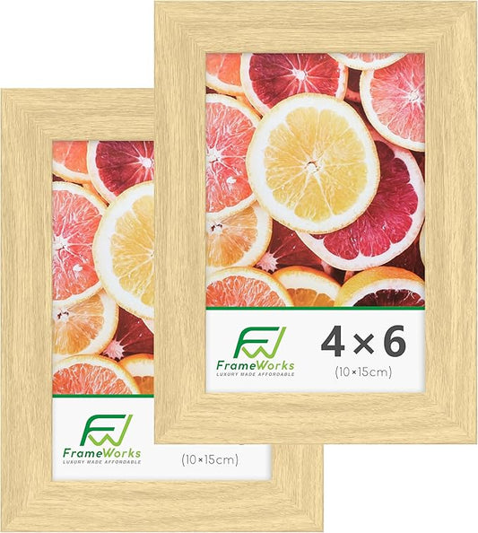 FrameWorks 2-Pack, 4x6 Picture Frame, Natural Oak ??Classic Wooden Photo Frame with Tempered Glass, Modern Matte Finish for Prints, Posters, Certificates & Wall Decor ??Gallery-Ready
