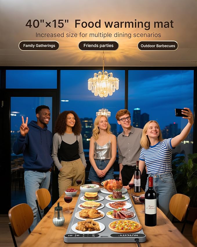 Food Warming Mat – Extra Large (40"x15"), 550W | Ideal for holidays, family gatherings, buffets. Features 7 temperature settings, child safety lock, 8-hour timer, and includes a heat-resistant mat.