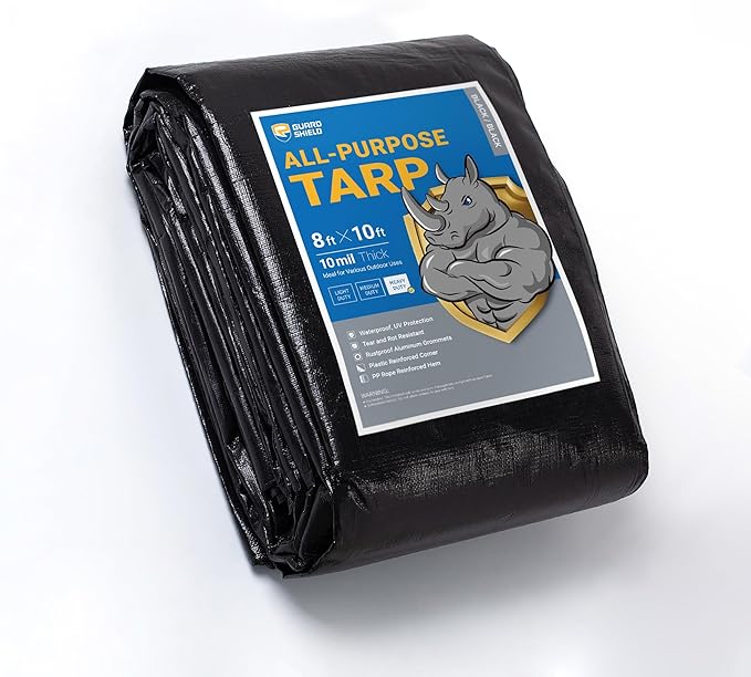 GUARD SHIELD Tarps Heavy Duty Waterproof 8x10 Feet Black Poly Tarp Cover Outdoor Thick UV Resistant Tarpaulin with Grommets 10mil