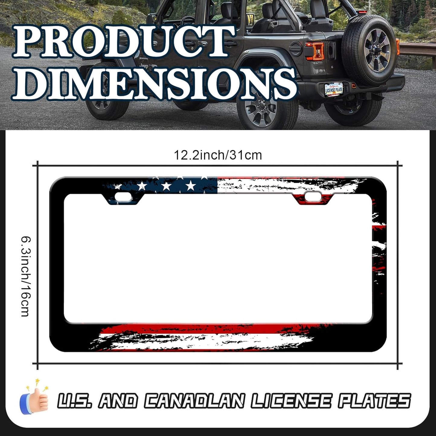 American Flag License Plate Frames - 2 Pack Vintage US Flag Stainless Steel License Plate Holder,Rust-Proof Waterproof Car Decorative Tag Frame with Screws Fasteners Caps