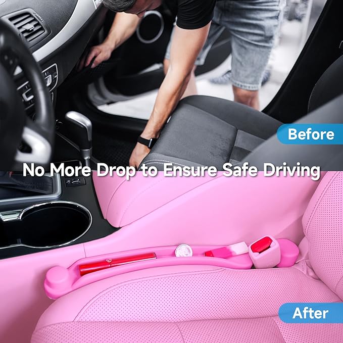 Car Seat Gap Filler Set of 2, Soft Foam Multifunctional Seat Side Gap Filler with Organizer & Hook Function, 3in1 Gap Stopper Universal Fit Car SUV Truck Fill The Gap Between Seat & Console（Pink）