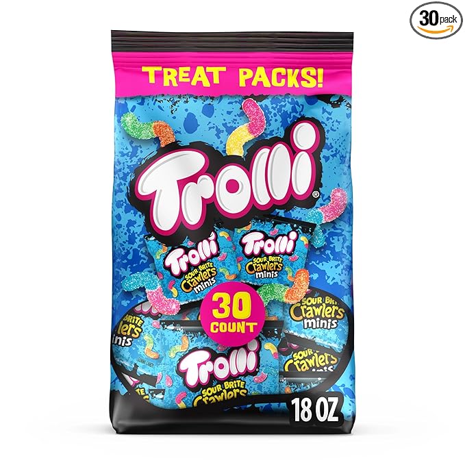 Trolli Mini Sour Brite Crawlers Candy, Cherry-Lemon, Strawberry-Grape & Orange-Lime, Sweet and Sour, Gummy Worms, 18 oz (30 ct)