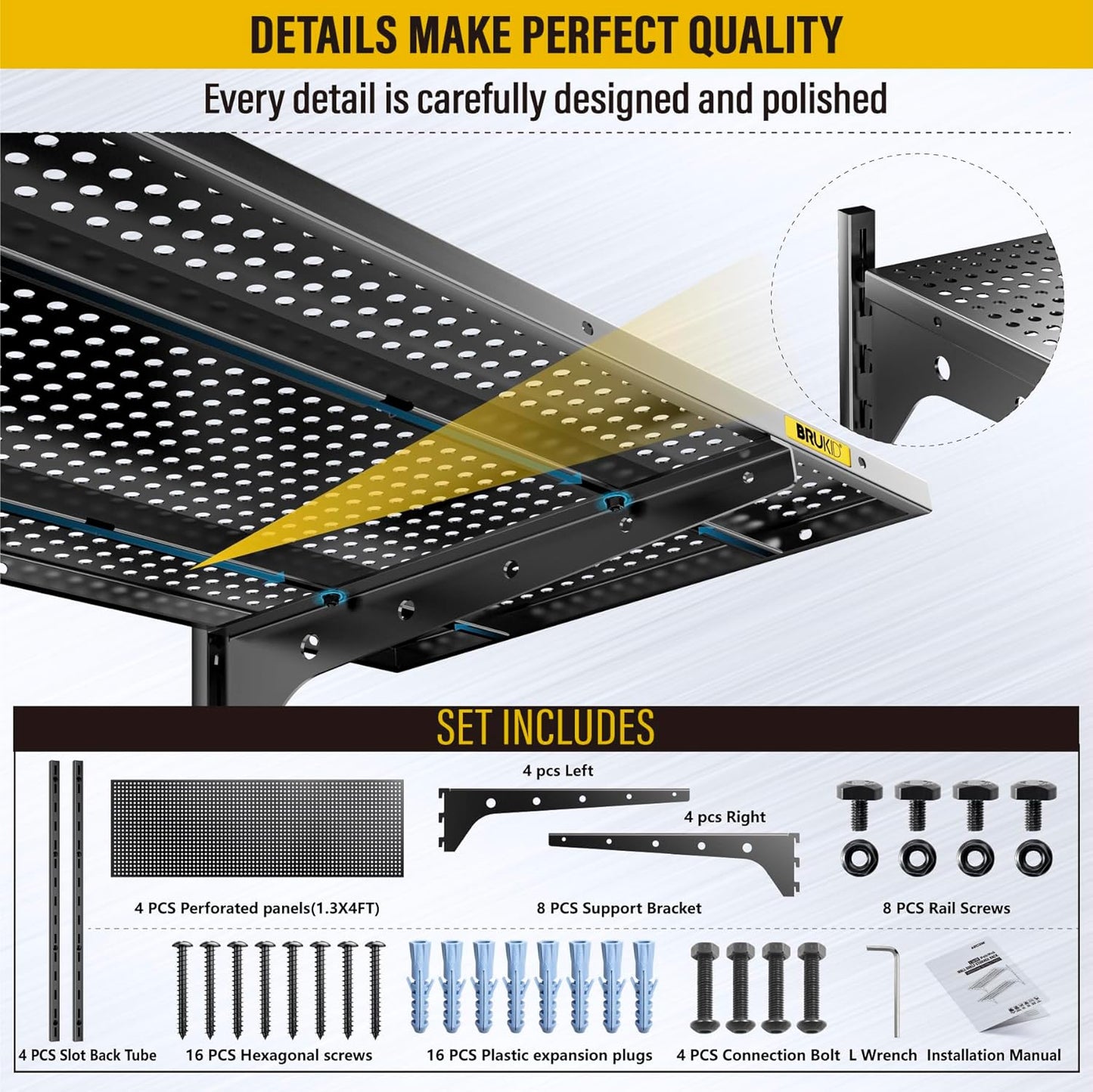 2-Pack 2 Tier 1.3x4ft Garage Shelving Wall Mounted, 800 lbs Load Capacity，15.6x48inch per Shelf Height Cassette Adjustable Floating Shelves(Black)