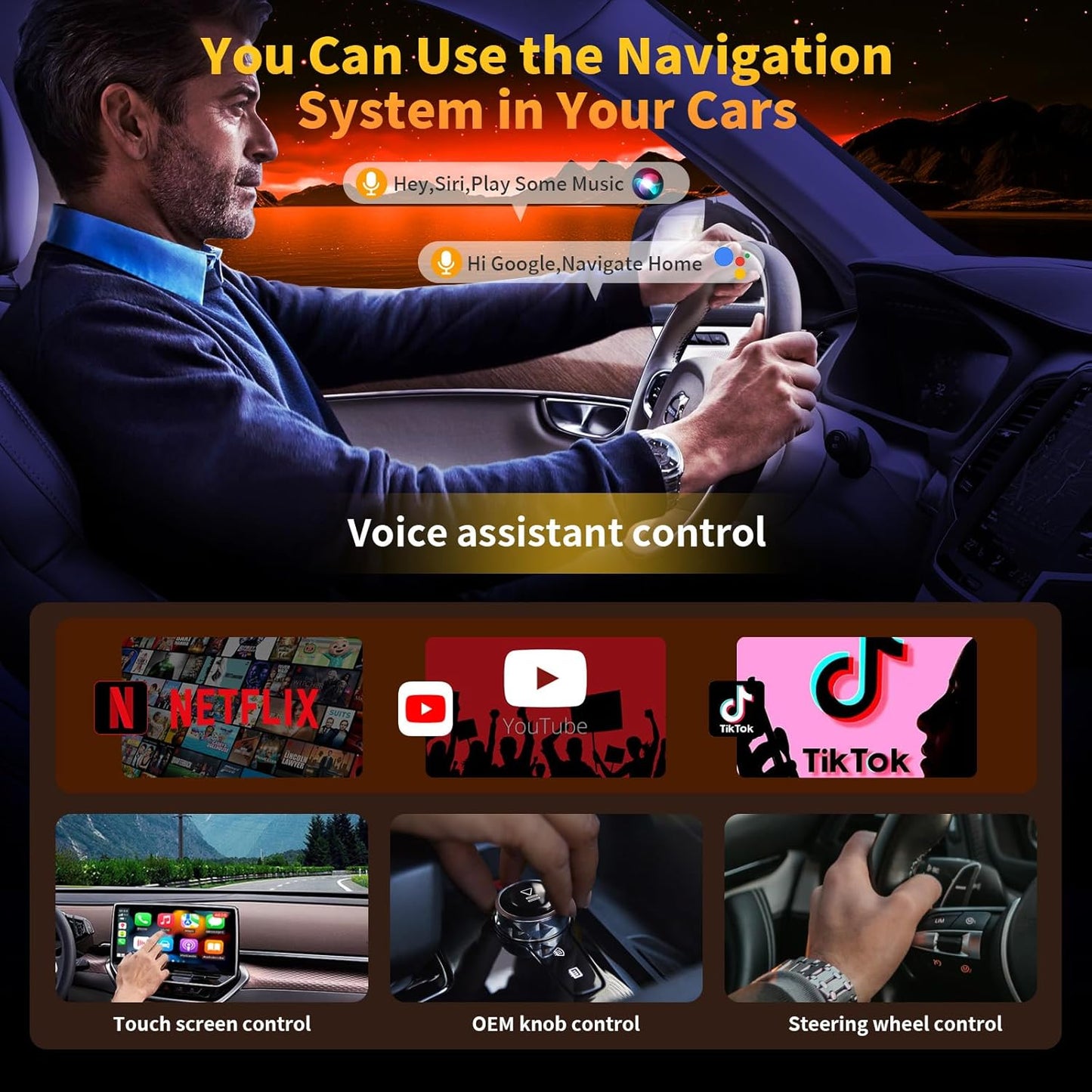 4-in-1 Carplay Ai Box,Wireless CarPlay & Android Auto Adapter,Compatible with N-etflix/YouTube/TIK Tok/Screen Mirror Link/TF Card,Suitable for Cars Equipped with OEM Wired CarPlay,Plug & Play