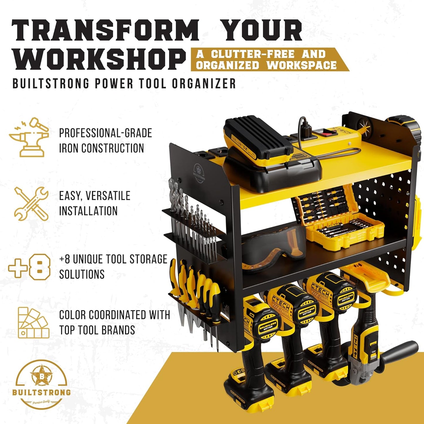Power Tool Organizer Wall Mount - 3-Tier Heavy-Duty Metal Hand Tool Storage Rack, Utility Racks, Drill Holder, PegBoard Side, & More - Garage Storage Cordless Tool Organizer (Yellow)