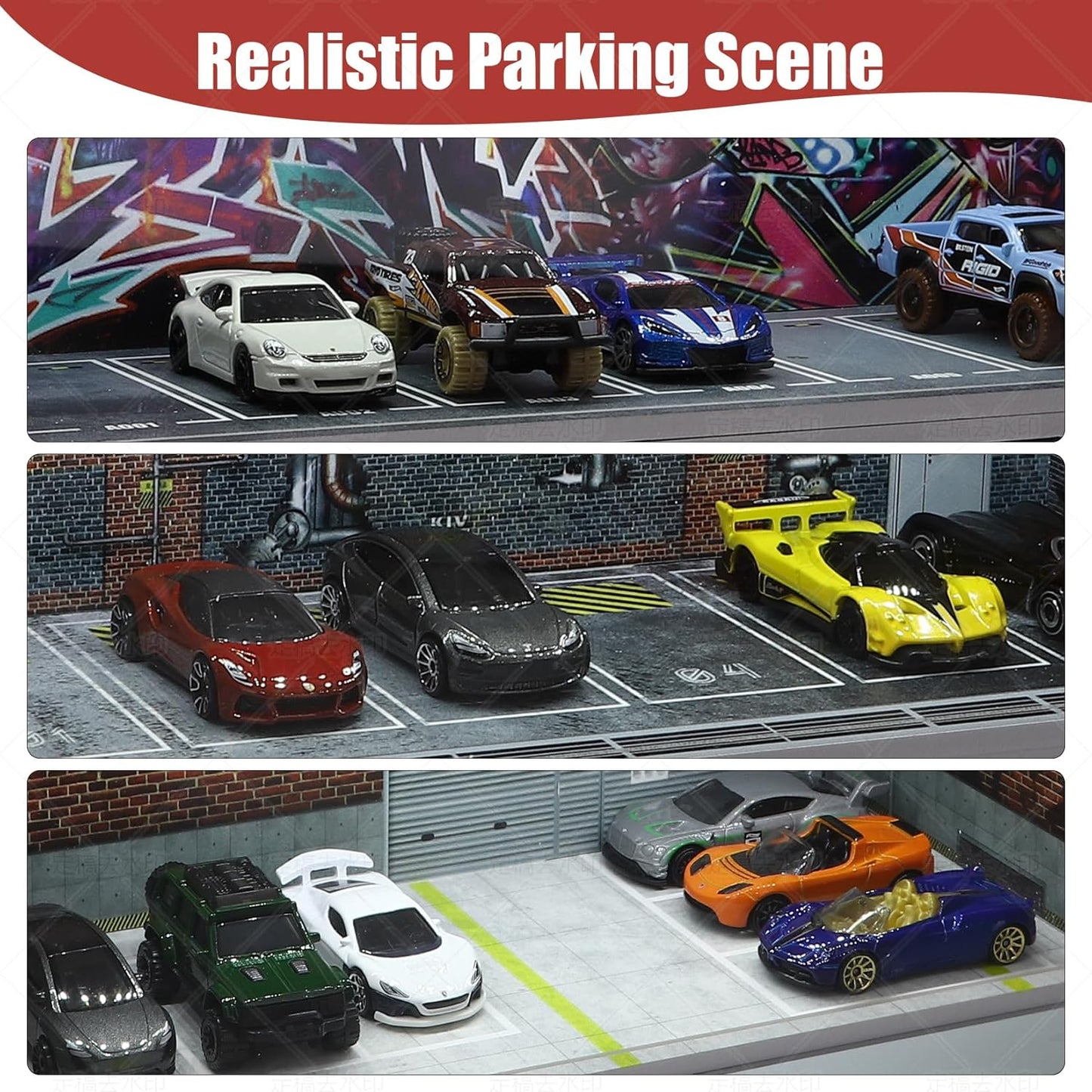 Display Case for Hot Wheels: Stackable Parking Garage for 1/64 Scale Matchbox Toy Car, FoamBoard Storage for Monster Trucks with LED Light and Acrylic Cover, Red Bricks