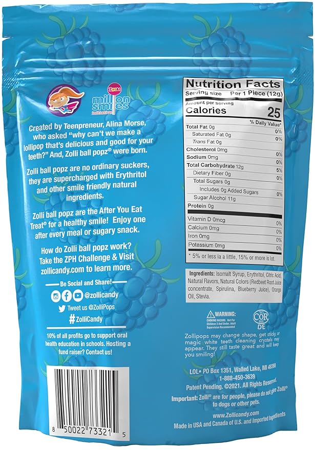 Zollipops Ball Popz Blue Raspberry - Sugar-Free, Allergy-Free, Vegan, KETO, and Diabetic Friendly Lollipops for Guilt-Free Sweet Indulgence