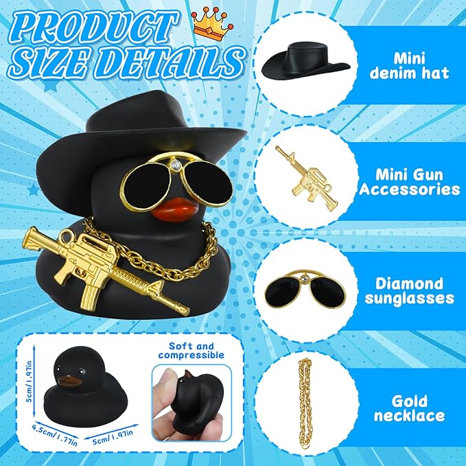 BOZILY Cool Black Cowboy Rubber Duck with Golden Gun Accessories, Car Dashboard Decor, Adult Novelty Gift, Home Favors, Stress Relief Decor