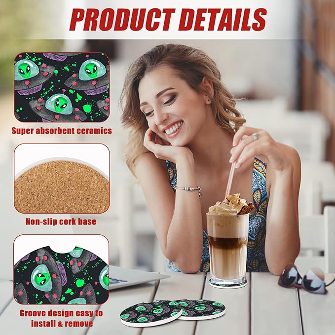 Alien Spaceship Car Coasters for Cup Holders, Absorbent Ceramic Car Coaster Car Cup Holder Coaster Car Accessories for Women Men (2 Pack)