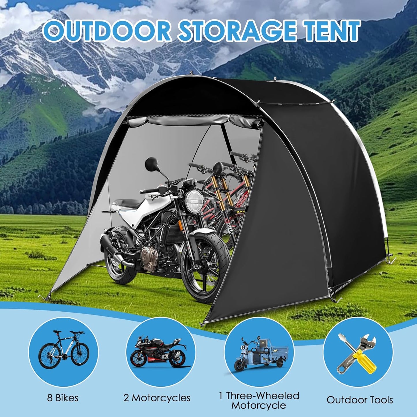 11.5'*6.9'*5.4' Bike Storage Shed Tent, Outdoor Portable Bike Storage, 210D Oxford Fabric PU4000 Waterproof, 2 Rolling Doors, Store 4~8 Bikes, Motorcycles or Large Motorcycles, Without Floor