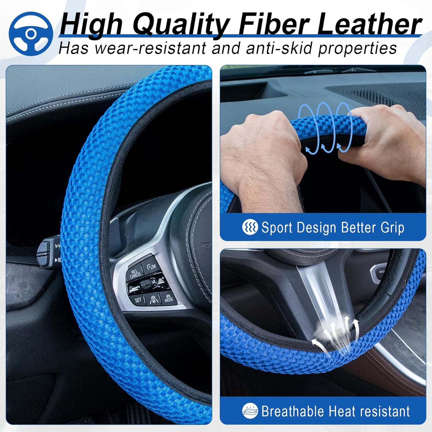 alpmosn Elastic Stretch Steering Wheel Cover, Universal Interior Accessories Steering Wheel Cover for Women & Men, Breathable Microfiber Ice Silk, Anti-Slip, Odorless, Easy Carry(Blue)