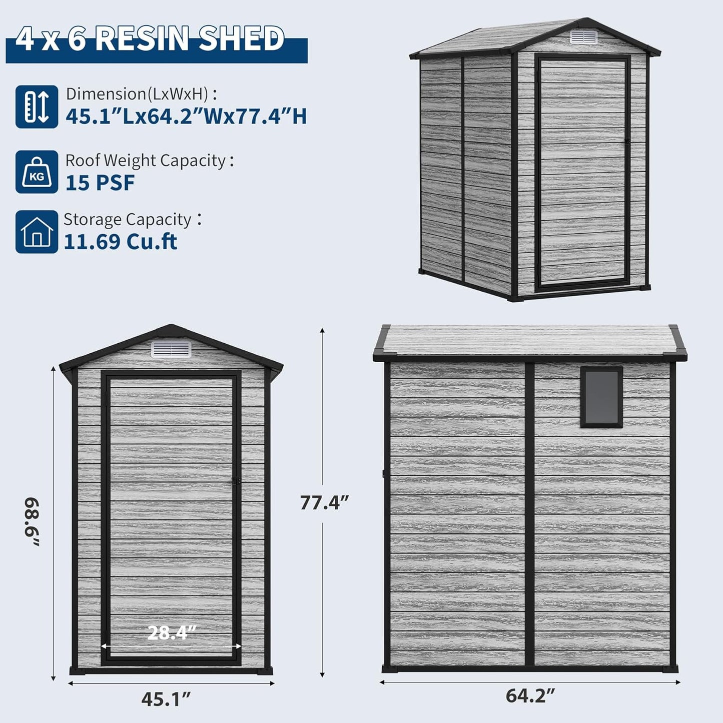 Weather-Resistant Resin Shed with Window, Outdoor Storage Shed Resin Garden Sheds PVC, Backyard Plastic Garden Shed with Lockable Door and Vents