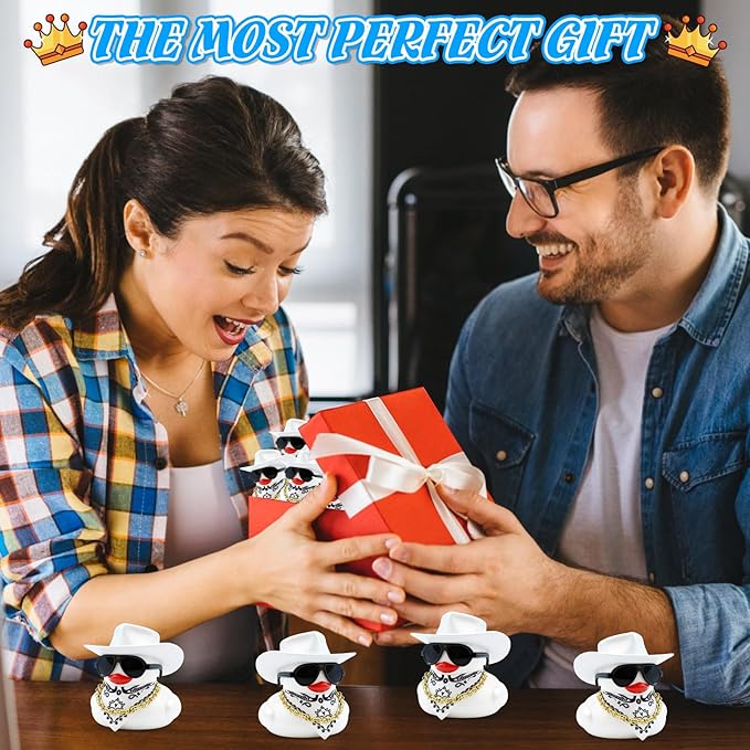 BOZILY White Cowboy Hat Rubber Duck, Cute Car Dashboard Decoration Duck with White Cowboy Hat, Sunglasses, Gold Necklace & White Bib, Squeaky Silicone Ornament for Car Interior Home Office