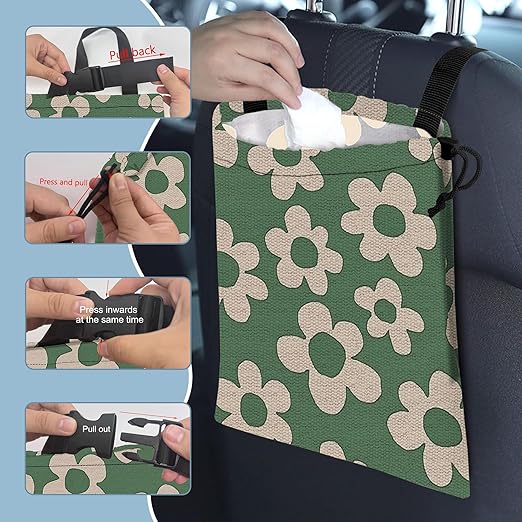 Green Groovy Flowers Car Garbage Bag,Small Car Trash Bag Hanging Back of Seat,Drawstring Car Trash Bag with Adjustable Buckle,Car Accessories for Camping Travelling