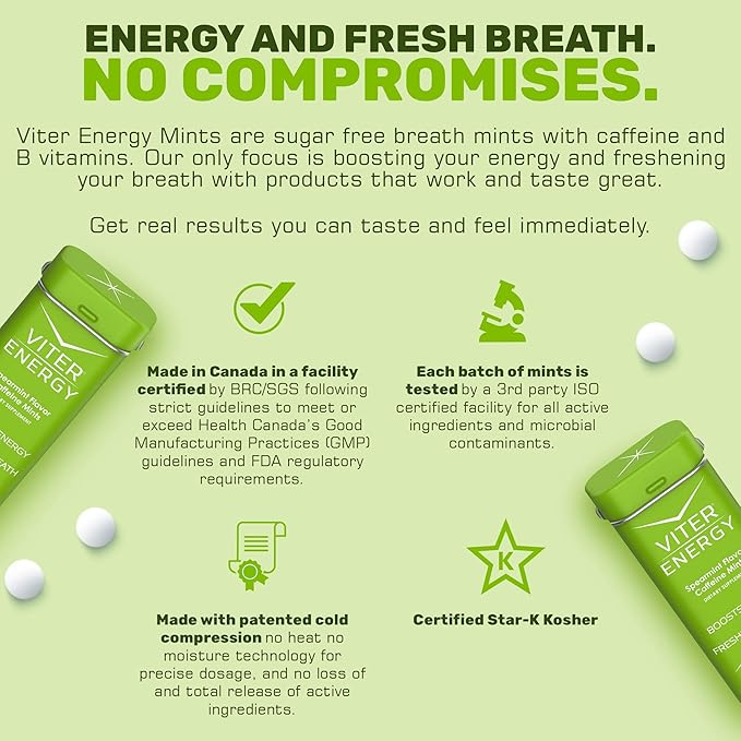 Viter Energy 40mg Caffeine Mints - Sugar Free, B Vitamins, Vegan, Boosts Fast Energized Alert Focus, Caffeinated Nootropic Supplement Pills (Spearmint Flavor, 20pcs, 6 Pack, 120pcs Total)