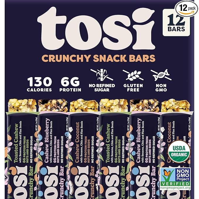 Tosi Cashew Variety Pack Protein Bars, Plant Based with Nuts, Gluten-Free Crunchy Snacks, Vegan, Organic, Flax & Chia Seeds, Soy-Free, Omega 3s, 5G Protein, 1 oz, 12-Pack