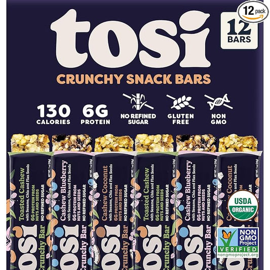 Tosi Cashew Variety Pack Protein Bars, Plant Based with Nuts, Gluten-Free Crunchy Snacks, Vegan, Organic, Flax & Chia Seeds, Soy-Free, Omega 3s, 5G Protein, 1 oz, 12-Pack