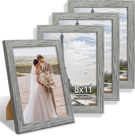 8x11 Picture Frame Set of 2, Made of Real Glass and Grey Wooden Frame - 8 by 11 Photo for Wall or Tabletop Display