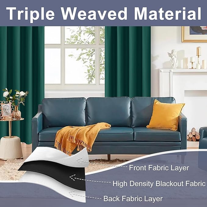 JIUZHEN Forest Green Curtains for Bedroom - Thermal Insulated Blackout Drapes, Room Darkening Rod Pocket Curtains for Dining Room Kids Room, Set of 2 Panels with Tiebacks, 42 x 63 Inch Length