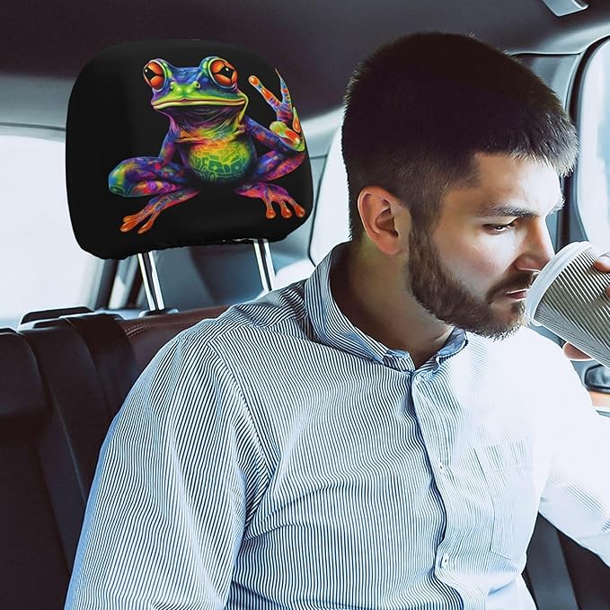 Dujiea 2 Pack Colorful Peace Frog Car Headrest Covers, Universal Soft Car Seat Head Rest Cover Protector, Vehicle Accessories Fabric Headrest Cover for Cars Vans Trucks