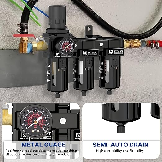 NEWPO 1/2" Three Stage Air Drying System Compressed Air Filter Regulator for Spray Guns,Air Pressure Regulator Combo 5＆0.5&0.01 Micron Filter Cartridge,Semi-Auto Drain, Metal Bracket Black