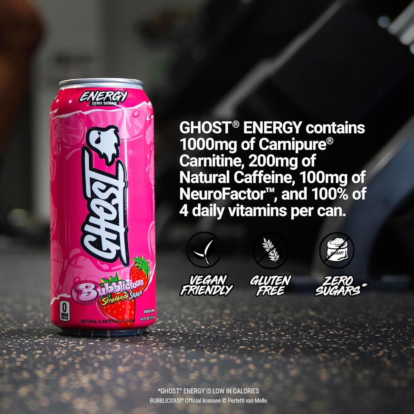 GHOST Energy Drink - 12-Pack, Bubblicious Strawberry Splash, 16oz Cans - Energy & Focus, No Artificial Colors - 200mg of Natural Caffeine, L-Carnitine & Taurine - Gluten-Free & Vegan