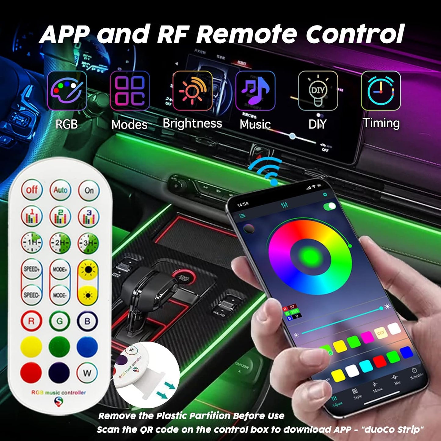 USB Car LED Lights, Interior Car Lights Strip with APP and RF Remote Control, 2 in 1 Ambient Lighting with 157 inches Fiber Optic Music Sync Simple Installation EL Wire Lights (2 in 1/157 inches)