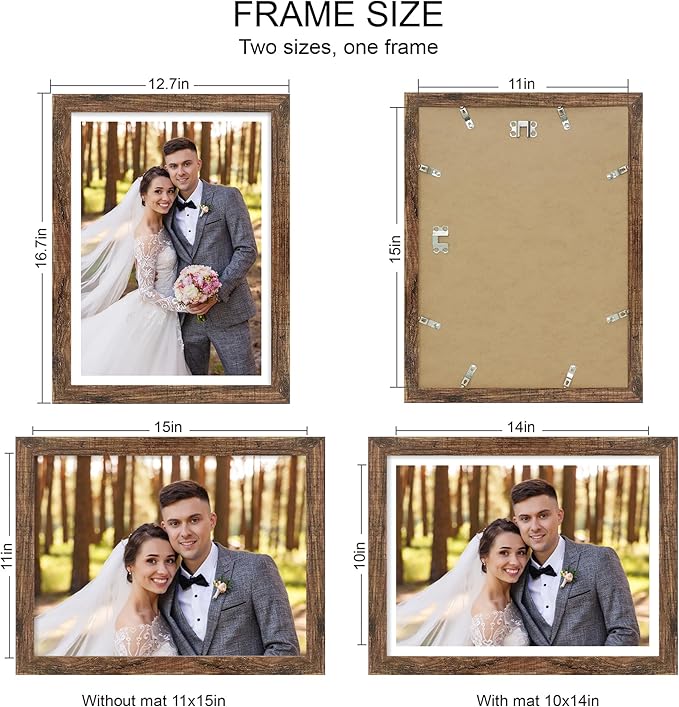 11x15 Picture Frame Set of 4, Made of Real Glass and Rustic Brown Frame - Display Picture 10x14 with Mat or 11x15 Without Mat, 11 by 15 Photo for Wall Mounting