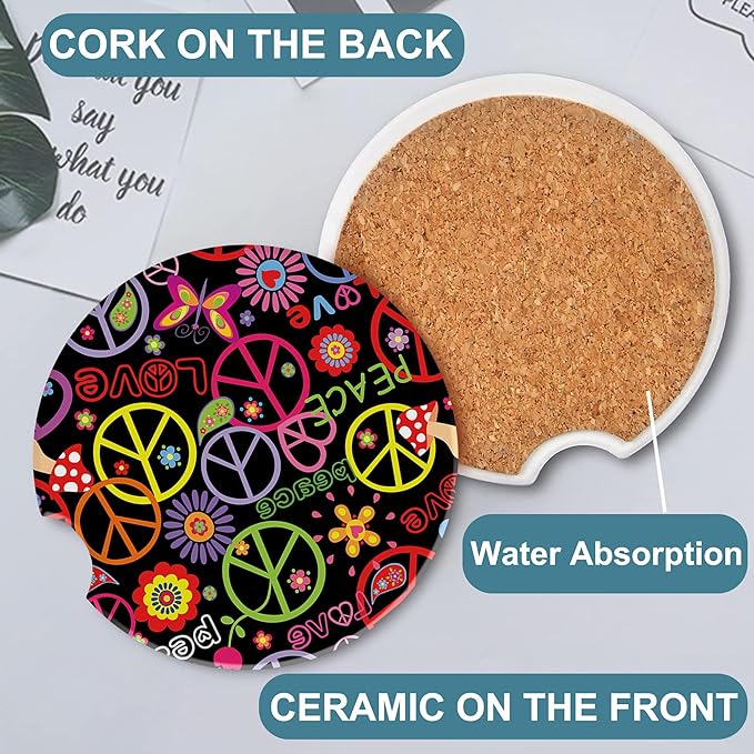 Childish Hippie Pattern Car Cup Holder Coaster, Car Coasters for Cup Holder, 2 Pack Peace and Love Symbol Anti-Slip Absorbent Ceramic Car Cup Coasters for Women Men with Finger Notch Cork Base 2.56"