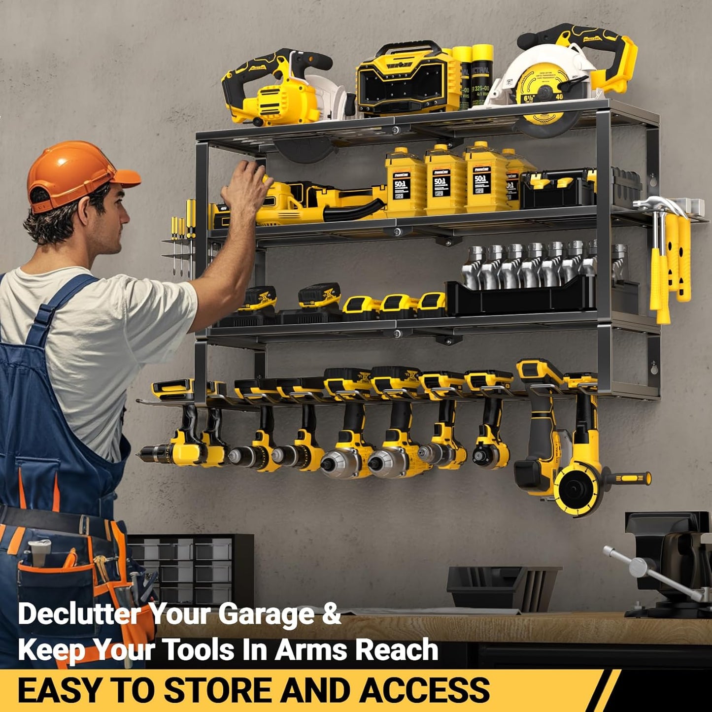 YYR Large Power Tool Organizer Wall Mount, Heavy Duty Metal Cordless Drill Storage Rack with Battery Charging Station Shelf, Utility Racks for Garage Organization, 4 Layer 10 Drills Holder Extra Tall