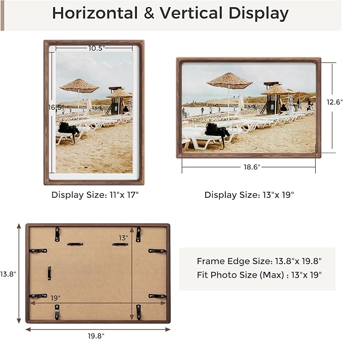 Heimlove 13x19 Picture Frames Natural Walnut,Original Wood Hand Make Crafted Certificate Frame with Mat to 11x17 Graduation Picture Display,Family Picture,Wedding Picture,Diploma,Photo Wall Mounted