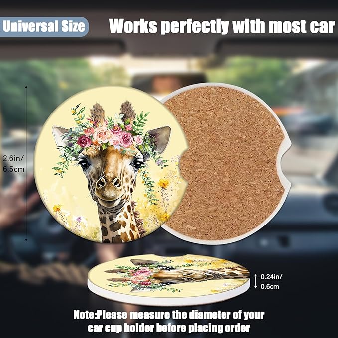 Car Cup Holder Coaster - Cute Giraffe Flower Absorbent Ceramic Coaster 2 Pack, Car Coasters for Cup Holders, Fashion Car Interior Accessories Drink Coaster for Women & Men