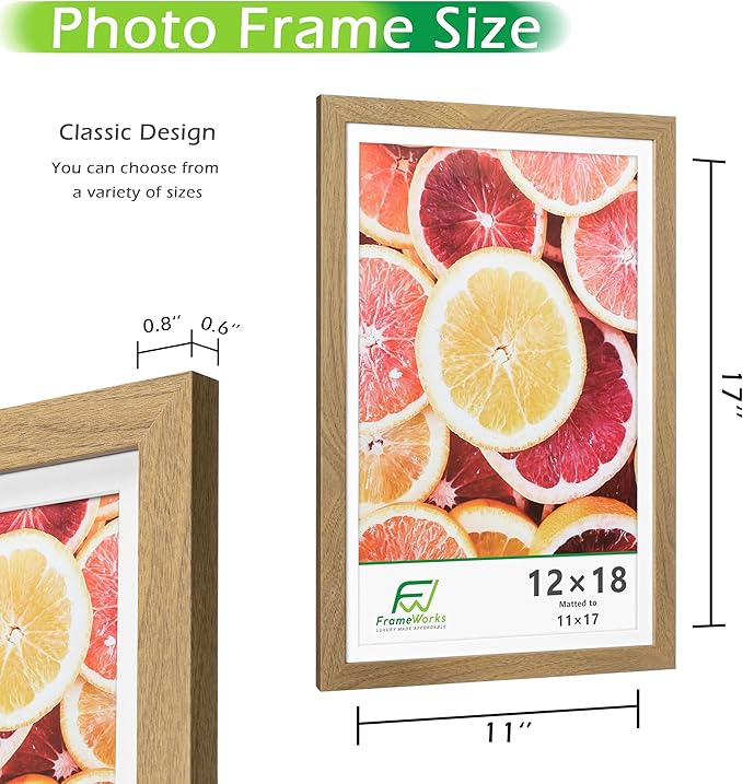 FrameWorks 2-Pack, 12x18 Matted to 11x17 Picture Frame, Golden Oak ??Classic Wooden Photo Frame with Tempered Glass, Modern Matte Finish for Prints, Posters, Certificates & Wall Decor ??Gallery-Ready