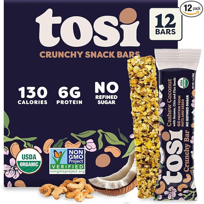 Tosi Cashew Coconut Protein Bars - Crunchy Nut & Seed Vegan Snack Bars, Gluten Free, 6g Plant Based Protein, Organic Flax, Chia, Sesame Seeds, Omega 3s, Low in Sugar, Dairy Free, No Soy - 1 oz 12-Pack