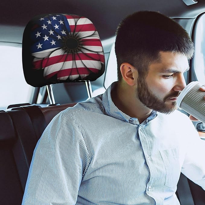 Dujiea 2 Pack American Flag Daisy Car Headrest Covers, Universal Soft Car Seat Head Rest Cover Protector, Vehicle Accessories Fabric Headrest Cover for Cars Vans Trucks