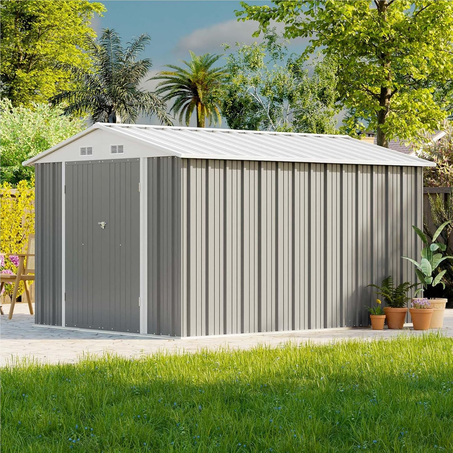 Patiowell 8x10 FT Outdoor Storage Shed with Floor Frame, Large Garden Tool Metal Shed with Sloping Roof and Double Lockable Door, Outdoor Shed for Backyard Garden Patio Lawn,Grey