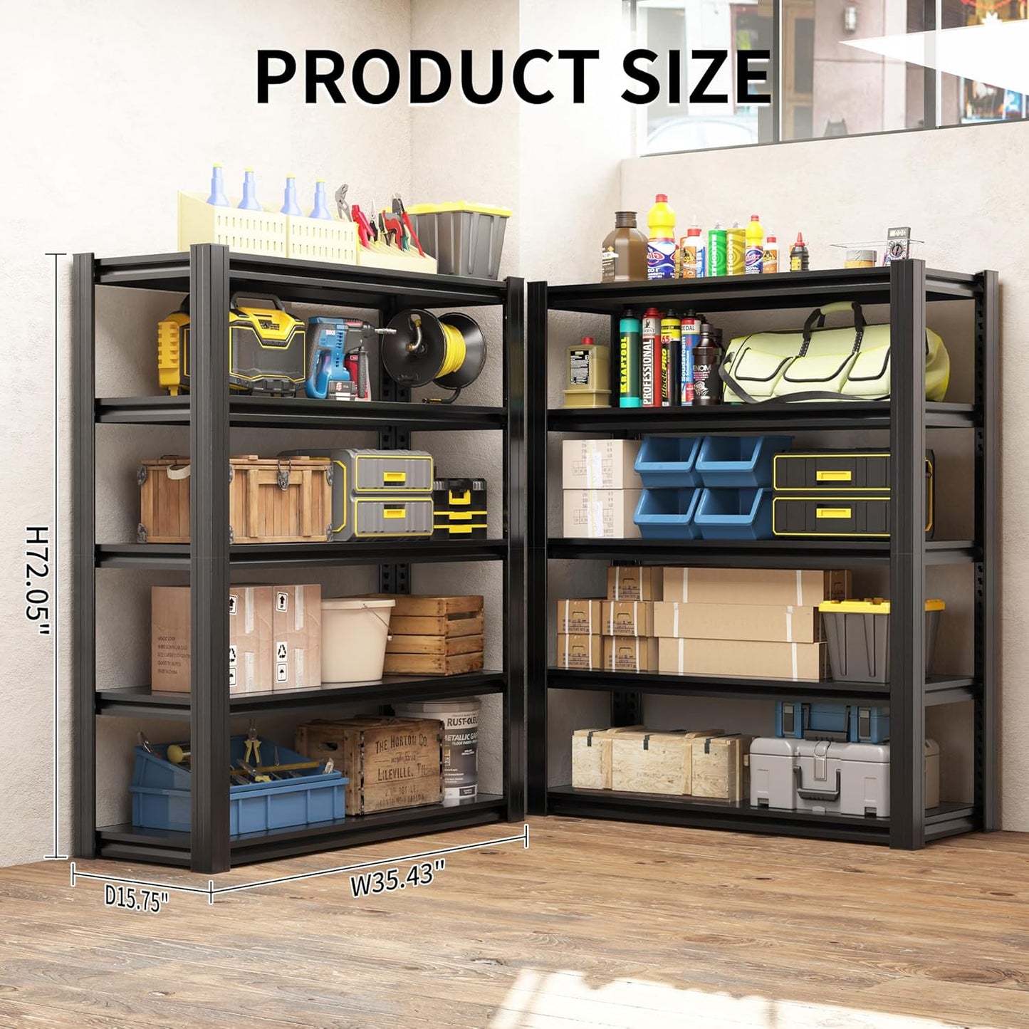 72" H Garage Shelving 2500 LBS Heavy Duty Storage Shelves, Adjustable 5 Tier Metal Shelving Unit, Metal Racks for Storage, Utility Shelves for Workshop, Basement, Home Office 72" H*35.4"W*15.7"D