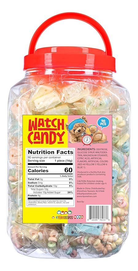90 Candy Bracelet Watches Individually Wrapped, Taste Nostalgia with our Playful and Delicious Candy Jewelry, Perfect for Party Favors, Goody Bags and Birthdays, by 4YoreElves, Pack of 90 x 0.42oz