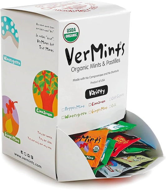 VerMints Organic Breath Mints – Travel Size Peppermints, Ginger Mints, Wintergreen, Cinnamon, Chai & Cafe Express Flavored Candy - Non-GMO, Gluten-Free, Vegan & Kosher Healthy Refresh - 120 Count