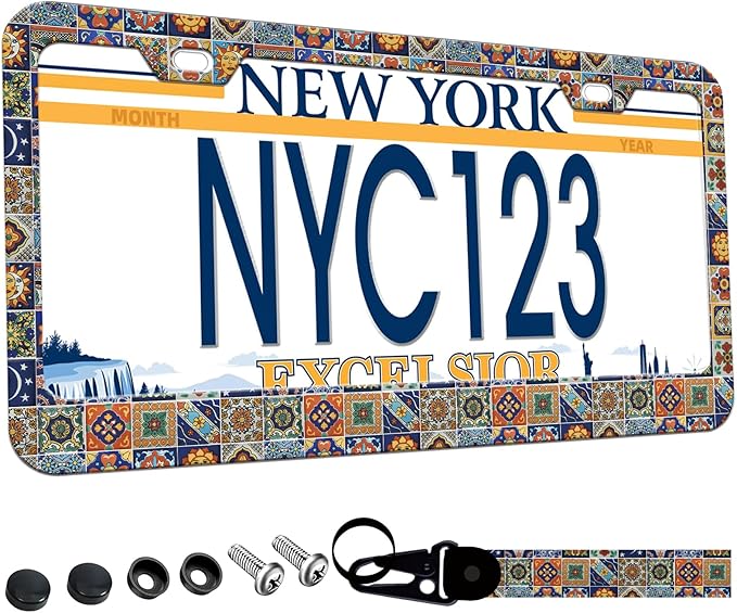 1-Pack Mexican Tiles License Plate Frames for Women Man, 2 Holes Mandala Boho Aluminum License Plate Holder,License Plate Cover fits Vehicles 12.3" x 6.3" with Keychain Wrist Lanyard