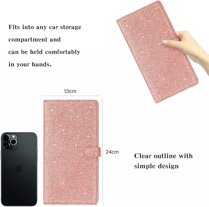 Car Registration & Insurance Card Holder Leather Auto Glove Box Organizer Document Wallet with Magnetic Shut (Glitter Rose, large)