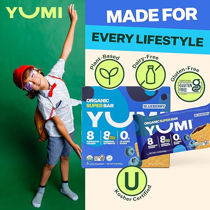 YUMI Organic Breakfast Superbar, Gluten-Free, No Added Sugar, 7+ Vegetables, Soft-Baked Crust, Healthy Snack Bars for Kids, School Safe, Healthy Alternative to Granola Bars or Cereal Bars, Blueberry (30ct)