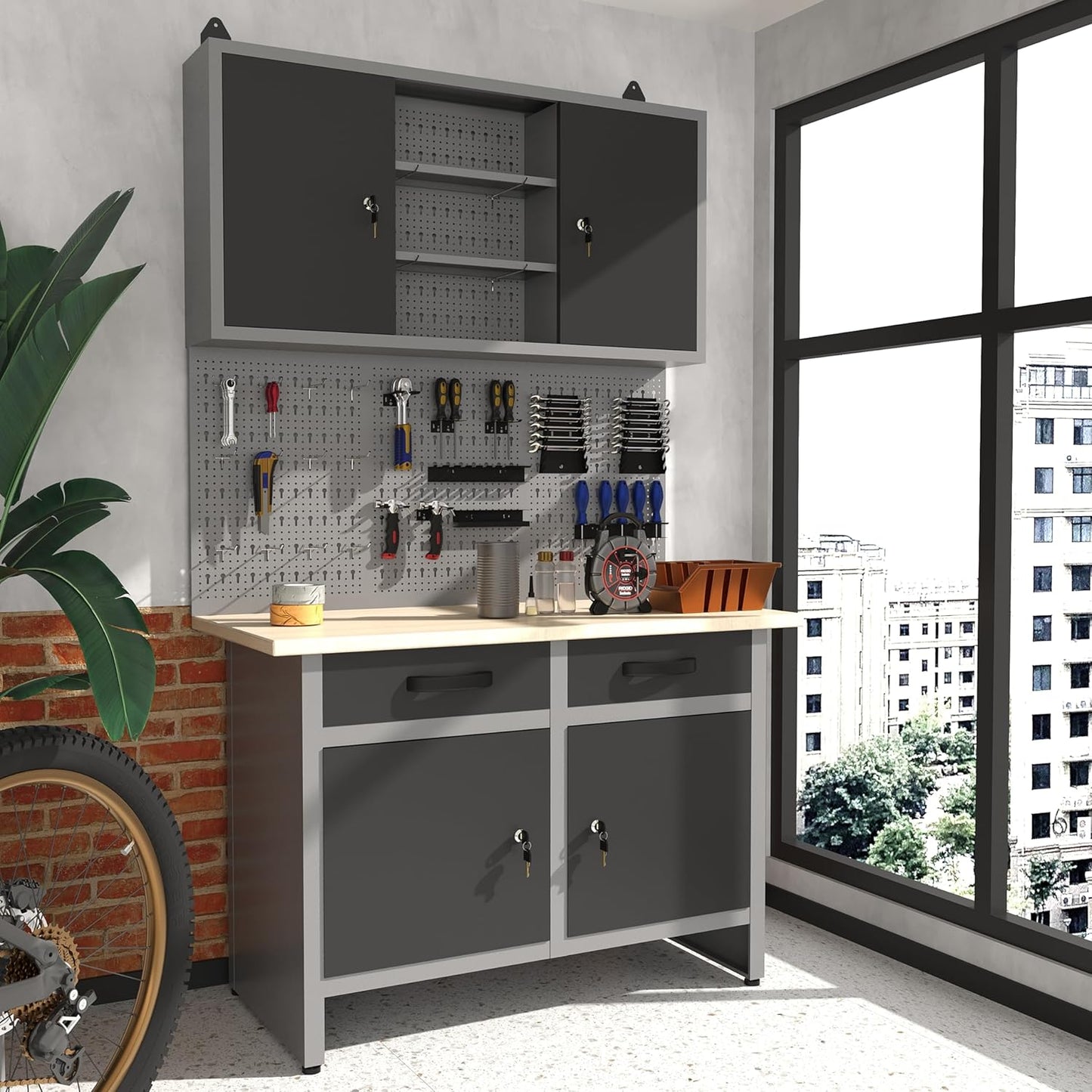 JZD Industrial Steel Garage Storage Cabinet System, Included Pegboard Wall Cabinet Wood Table Top, for Auto Repair Shops, Utility Room