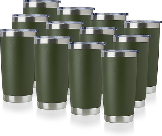 DOMICARE 20oz Stainless Steel Tumbler Bulk with Lid, Double Wall Vacuum Insulated Travel Mug, Powder Coated Coffee Cup (Army Green, 12)