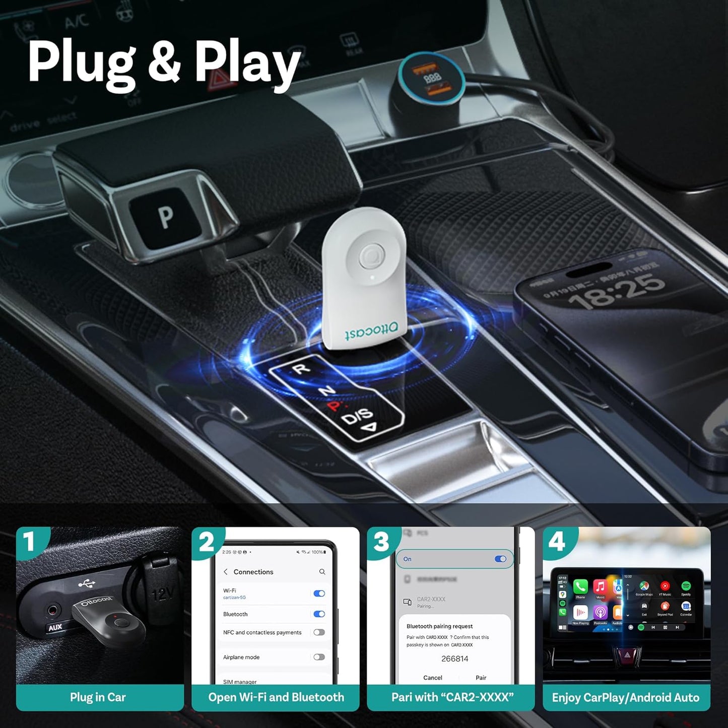 OTTOCAST Wireless Carplay Adapter 2025 for Apple iPhone, Convert Wired to Wireless Car Play for Older Cars Mini USB Design Plug & Play, Multi-User Seamless Connection for iOS 10+/ Android Auto (White)
